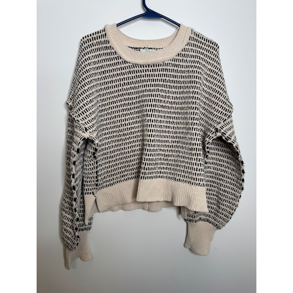 Newin Knit Sweater Womens Large Cream Black Excellent Cropped Balloon Sleeve